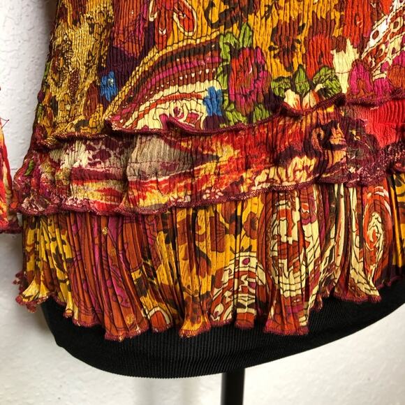 Alberto Makali red gold mixed floral print sequin crinkle top size Large - Picture 4 of 16